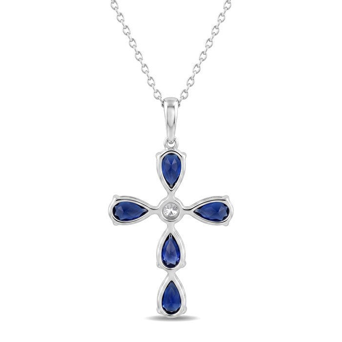 5X3 MM Pear Shape Sapphire and 1/50 Ctw Round Cut Diamond Fashion Precious Pendant With Chain in 10K White Gold