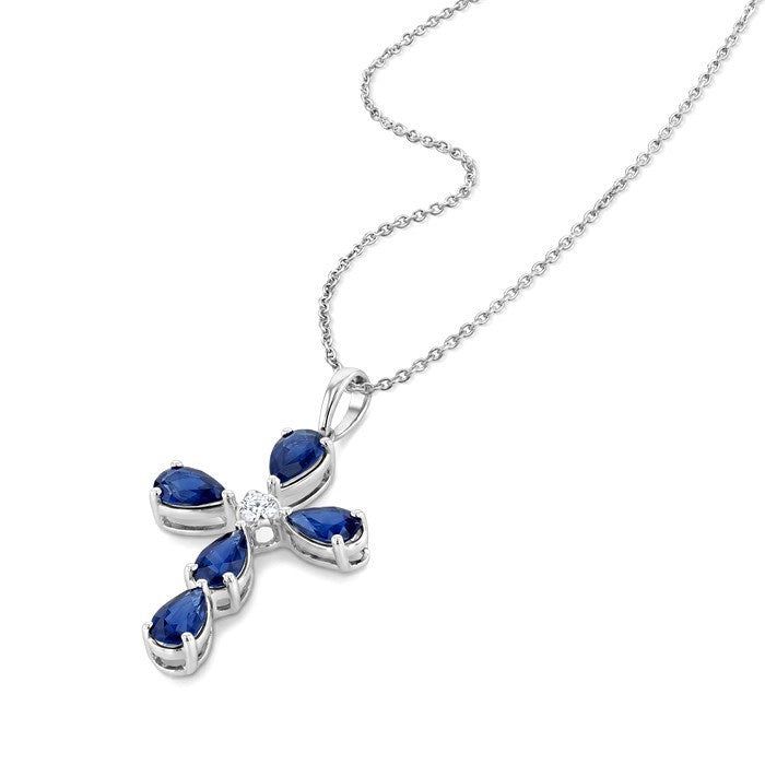 5X3 MM Pear Shape Sapphire and 1/50 Ctw Round Cut Diamond Fashion Precious Pendant With Chain in 10K White Gold