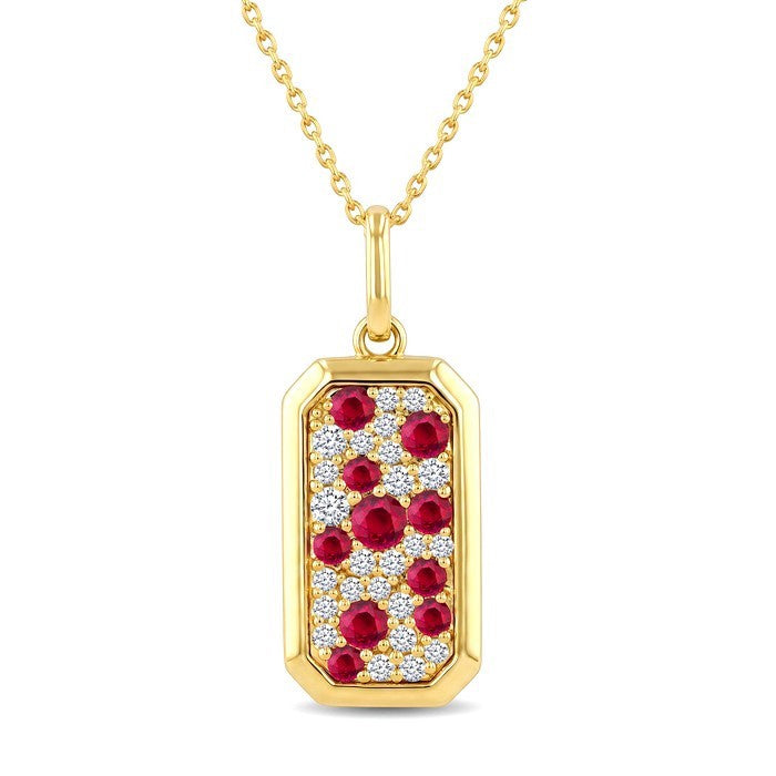 1.7 MM - 2.7 MM Round Shape Ruby and 1/4 Ctw Pave-Set Round Cut Diamond Precious Pendant With Chain in 14K Yellow Gold