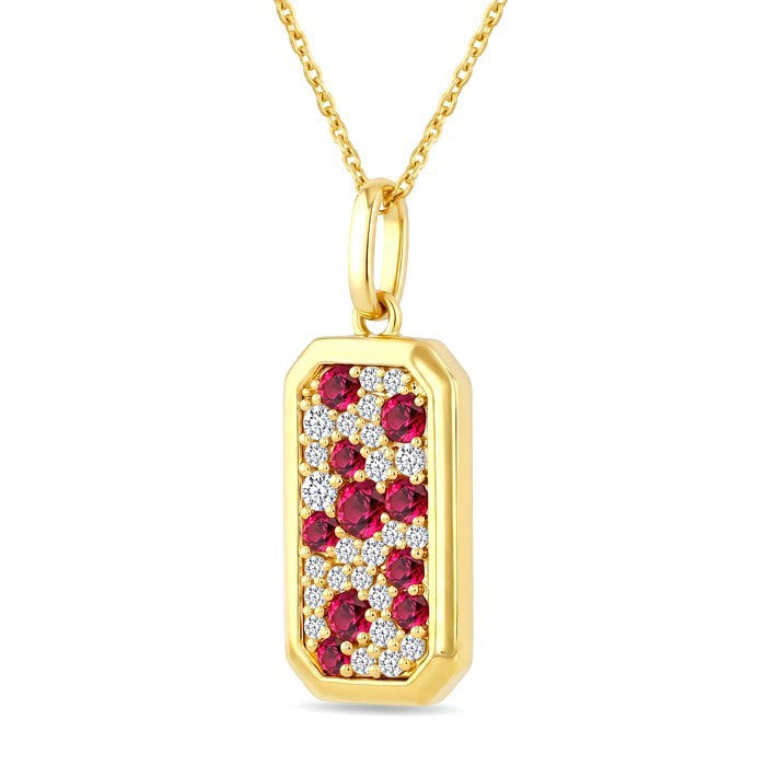 1.7 MM - 2.7 MM Round Shape Ruby and 1/4 Ctw Pave-Set Round Cut Diamond Precious Pendant With Chain in 14K Yellow Gold