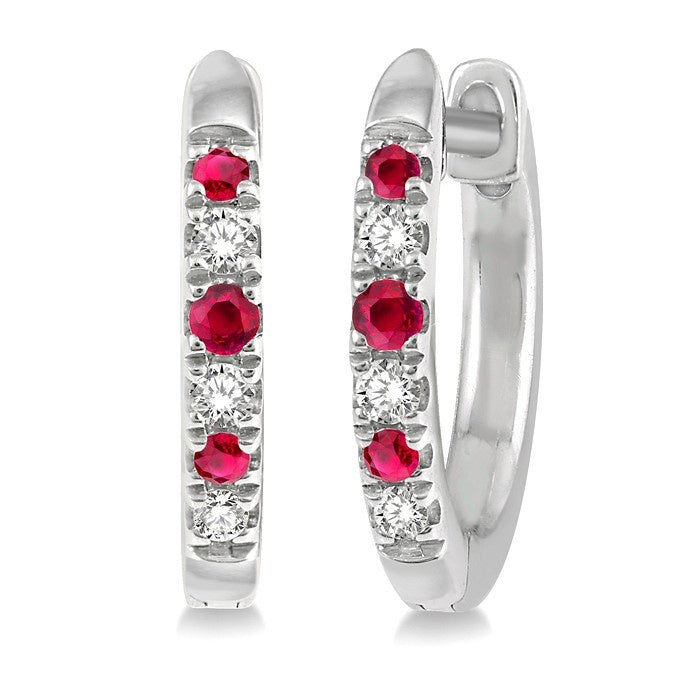 1.10 MM, 1.25 MM and 1.45 MM Round Shape Ruby and 1/20 Ctw Round Cut Diamond Precious Hoop Earrings in 10K White Gold