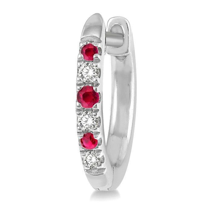 1.10 MM, 1.25 MM and 1.45 MM Round Shape Ruby and 1/20 Ctw Round Cut Diamond Precious Hoop Earrings in 10K White Gold