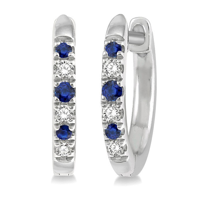 1.10 MM, 1.25 MM and 1.45 MM Round Shape Sapphire and 1/20 Ctw Round Cut Diamond Precious Hoop Earrings in 10K White Gold