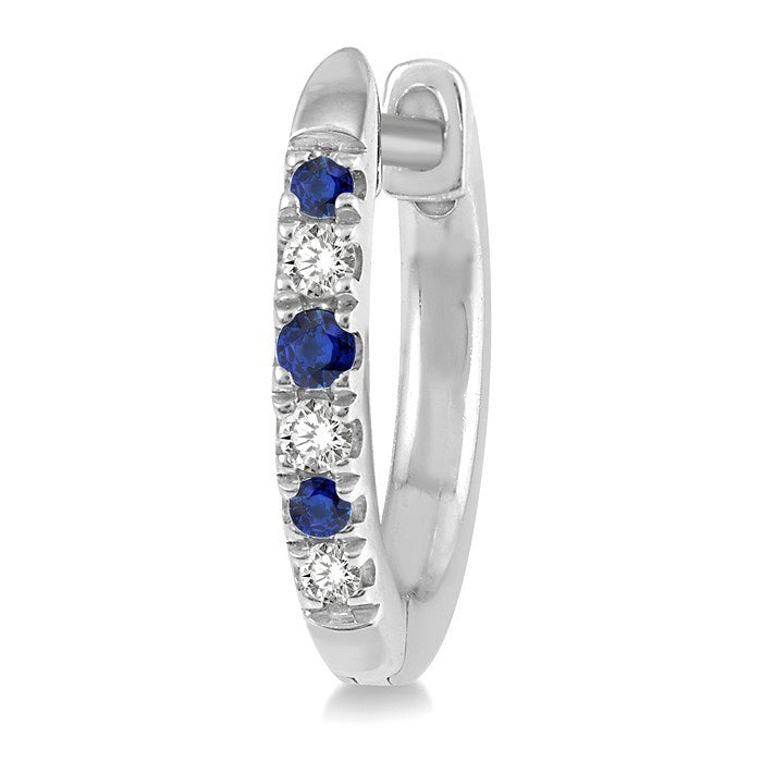 1.10 MM, 1.25 MM and 1.45 MM Round Shape Sapphire and 1/20 Ctw Round Cut Diamond Precious Hoop Earrings in 10K White Gold