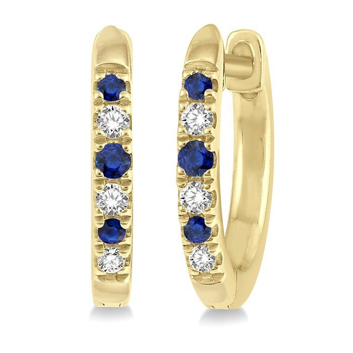 1.10 MM, 1.25 MM and 1.45 MM Round Shape Sapphire and 1/20 Ctw Round Cut Diamond Precious Hoop Earrings in 10K Yellow Gold