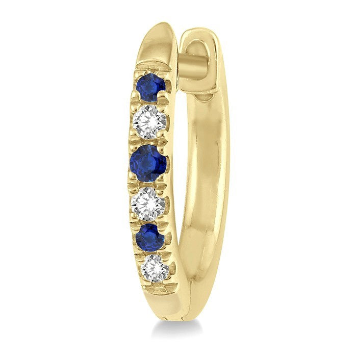 1.10 MM, 1.25 MM and 1.45 MM Round Shape Sapphire and 1/20 Ctw Round Cut Diamond Precious Hoop Earrings in 10K Yellow Gold