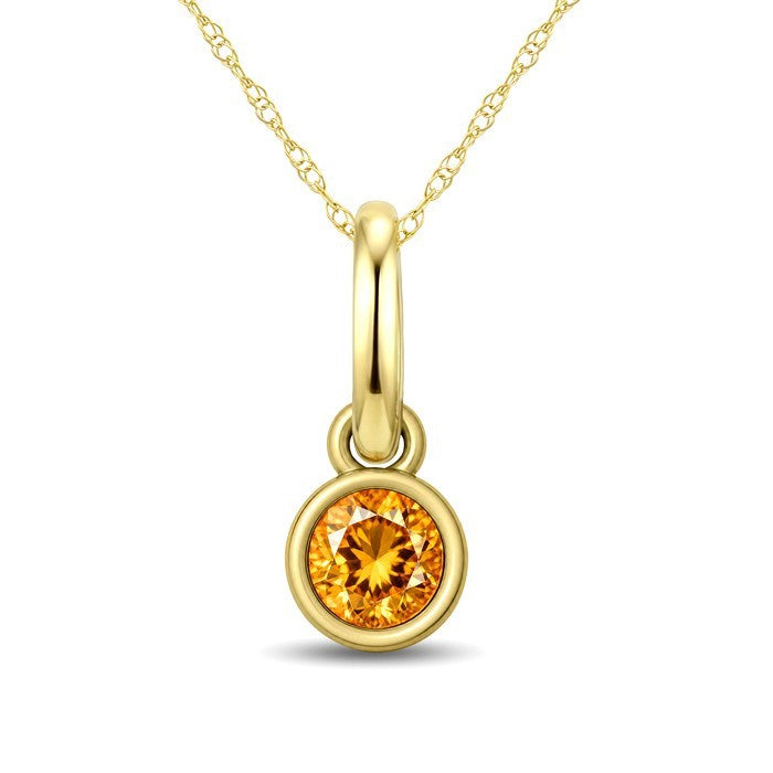 3X3 MM Round Shape Citrine Bezel Set Semi-Precious Solitaire Pendant With Chain in 10K Yellow Gold