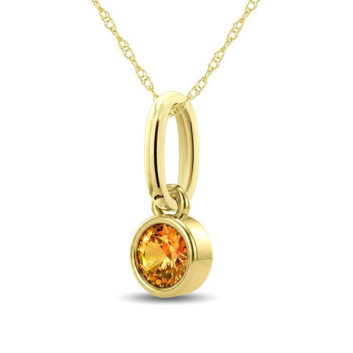 3X3 MM Round Shape Citrine Bezel Set Semi-Precious Solitaire Pendant With Chain in 10K Yellow Gold