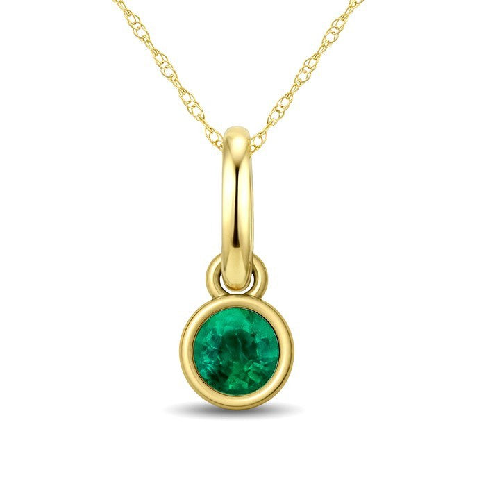 3X3 MM Round Shape Emerald Bezel Set Precious Solitaire Pendant With Chain in 10K Yellow Gold