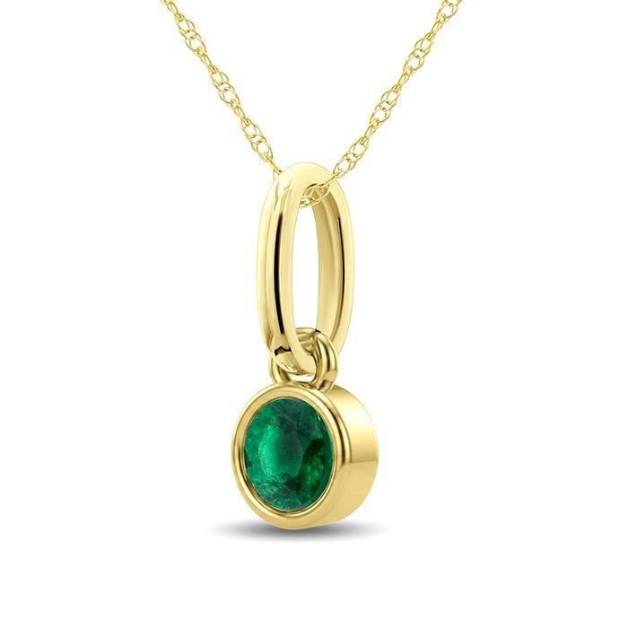 3X3 MM Round Shape Emerald Bezel Set Precious Solitaire Pendant With Chain in 10K Yellow Gold