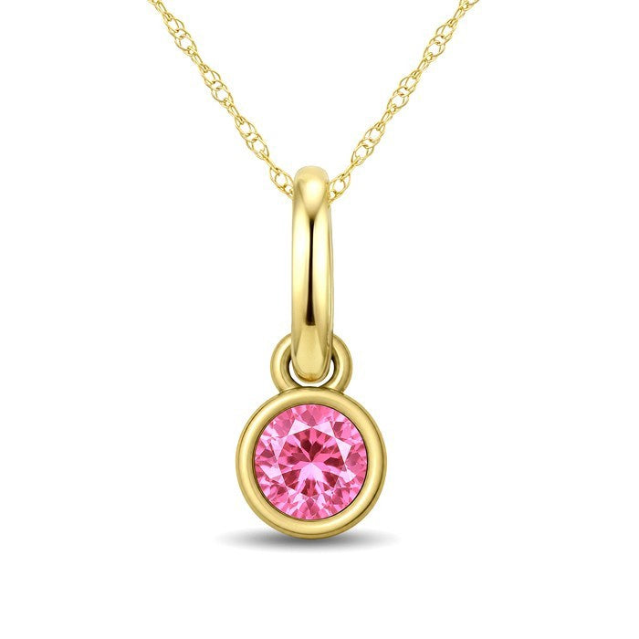 3X3 MM Round Shape Pink Tourmaline Bezel Set Semi-Precious Solitaire Pendant With Chain in 10K Yellow Gold