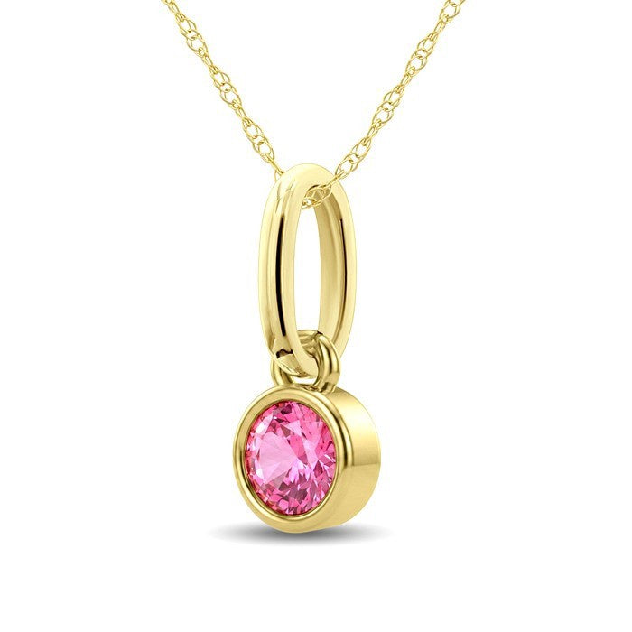 3X3 MM Round Shape Pink Tourmaline Bezel Set Semi-Precious Solitaire Pendant With Chain in 10K Yellow Gold