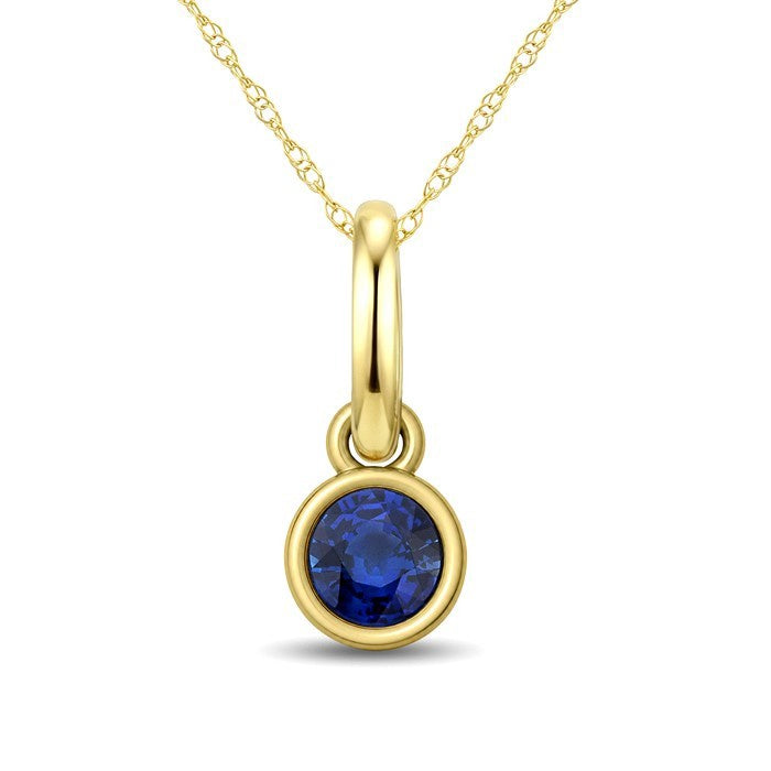 3X3 MM Round Shape Sapphire Bezel Set Precious Solitaire Pendant With Chain in 10K Yellow Gold