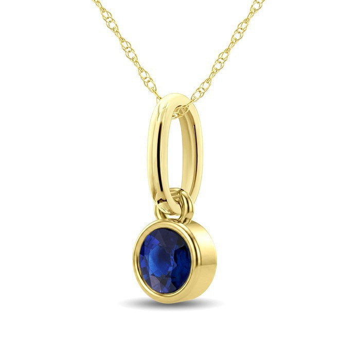 3X3 MM Round Shape Sapphire Bezel Set Precious Solitaire Pendant With Chain in 10K Yellow Gold