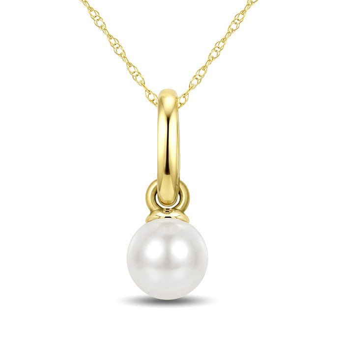 4 MM Round Shape White Cultured Pearl Solitaire Pendant With Chain in 10K Yellow Gold