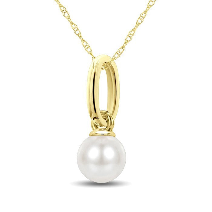 4 MM Round Shape White Cultured Pearl Solitaire Pendant With Chain in 10K Yellow Gold