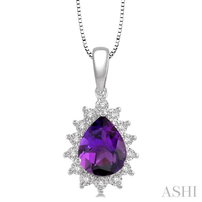 9X6 MM Pear Shape Amethyst and 1/10 Ctw Round Cut Diamond Semi-Precious Pendant With Chain in 10K White Gold