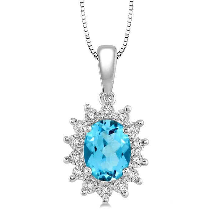 Oval Shape Blue Topaz and 1/10 Ctw Round Cut Diamond Semi-Precious Pendant