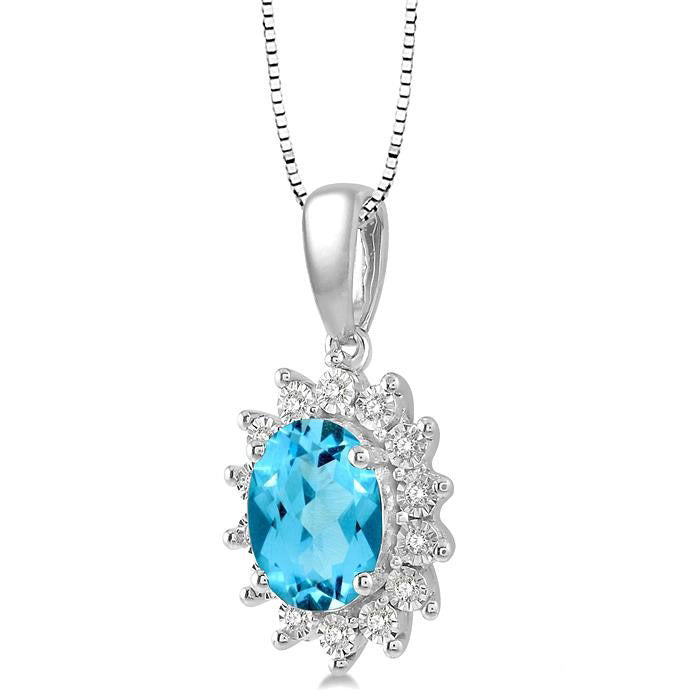 Oval Shape Blue Topaz and 1/10 Ctw Round Cut Diamond Semi-Precious Pendant