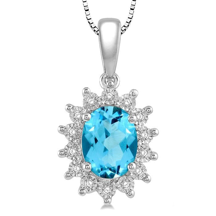 Oval Shape Blue Topaz and 1/10 Ctw Round Cut Diamond Semi-Precious Pendant