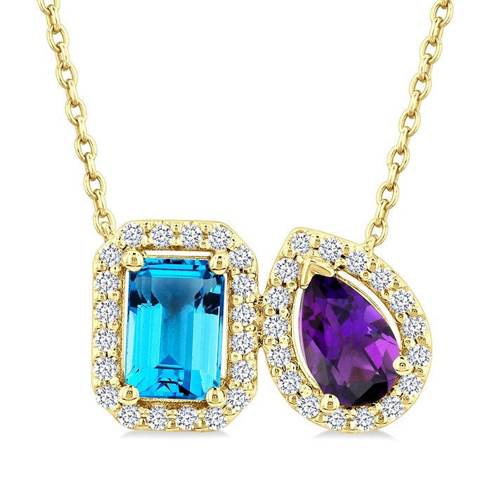 6X4 MM Emerald Cut Blue Topaz and Pear Cut Amethyst and 1/5 Ctw Toi Et Moi Round Cut Diamond Halo Fashion Pendant With Chain in 14K Yellow Gold