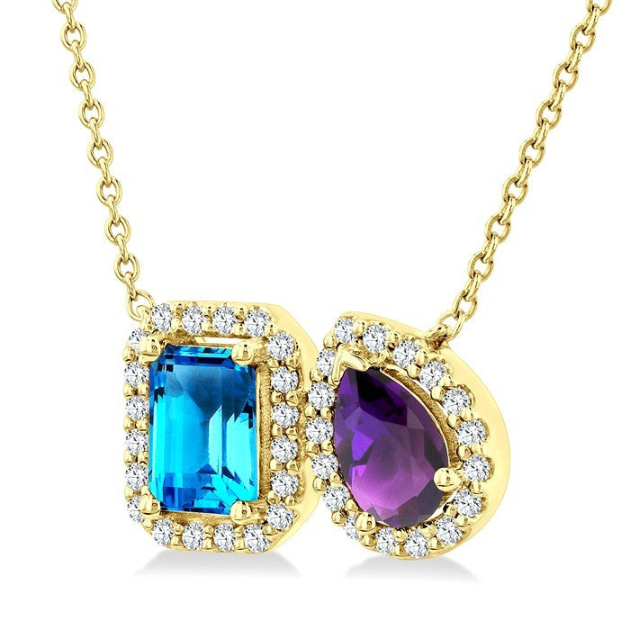 6X4 MM Emerald Cut Blue Topaz and Pear Cut Amethyst and 1/5 Ctw Toi Et Moi Round Cut Diamond Halo Fashion Pendant With Chain in 14K Yellow Gold