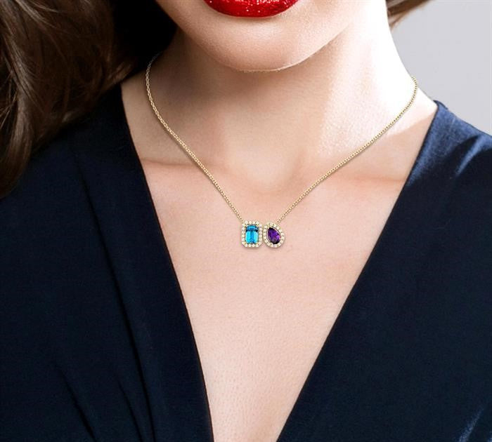 6X4 MM Emerald Cut Blue Topaz and Pear Cut Amethyst and 1/5 Ctw Toi Et Moi Round Cut Diamond Halo Fashion Pendant With Chain in 14K Yellow Gold