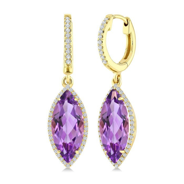 16X7 MM Evoque Gemstones Marquise Shape Amethyst and 3/8 Ctw Round Cut Diamond Semi-Precious Earrings in 14K Yellow Gold
