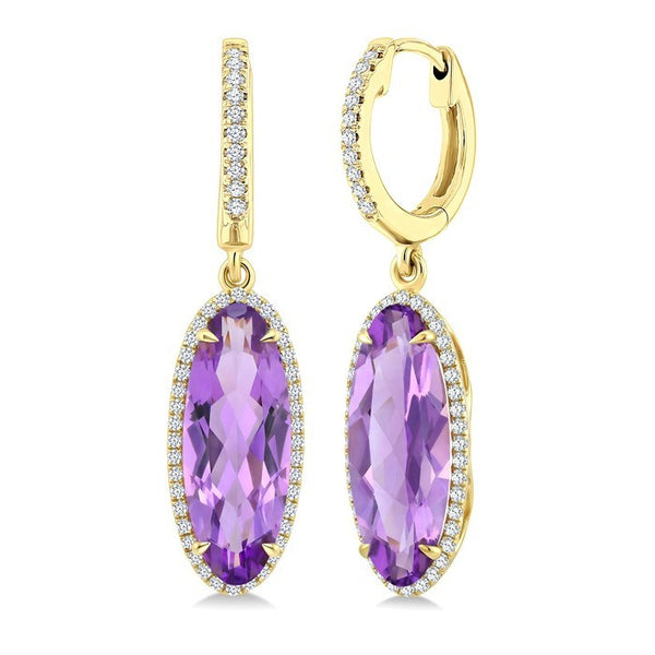 16X6 MM Evoque Gemstones Oval Shape Amethyst and 3/8 Ctw Round Cut Diamond Semi-Precious Earrings in 14K Yellow Gold