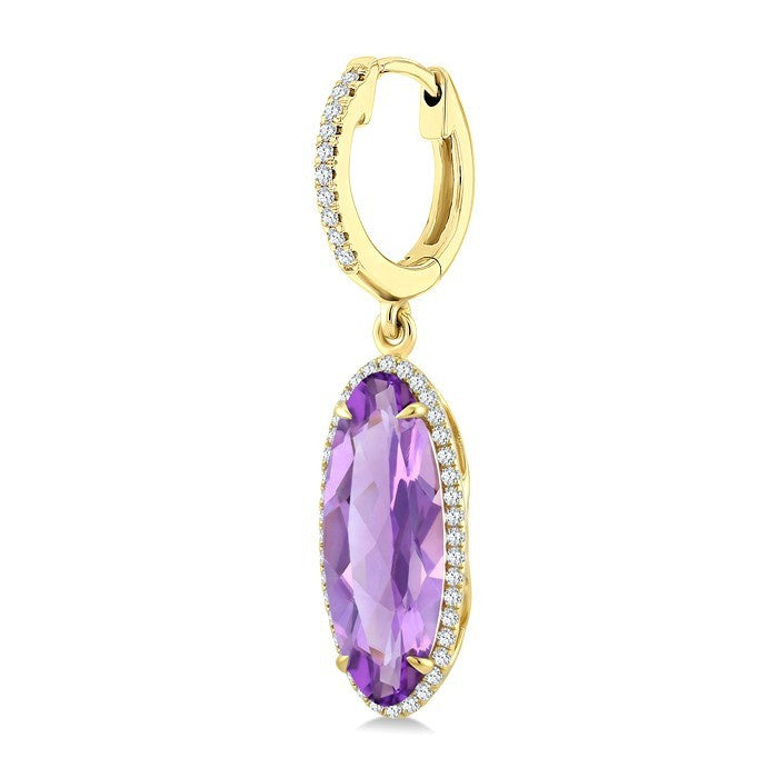 16X6 MM Evoque Gemstones Oval Shape Amethyst and 3/8 Ctw Round Cut Diamond Semi-Precious Earrings in 14K Yellow Gold