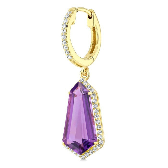 14X7 MM Evoque Gemstones Shield Shape Amethyst and 3/8 Ctw Round Cut Diamond Semi-Precious Earrings in 14K Yellow Gold