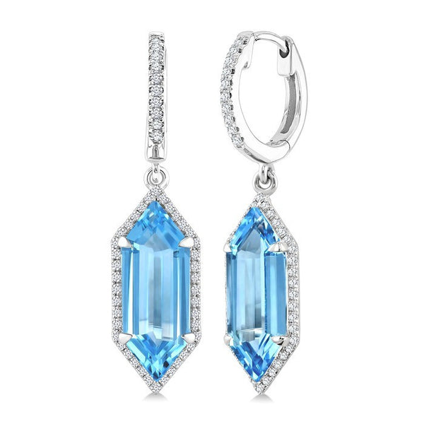 16X6 MM Evoque Gemstones Hexagon Shape Blue Topaz and 3/8 Ctw Round Cut Diamond Semi-Precious Earrings in 14K White Gold