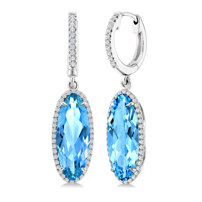 16X6 MM Evoque Gemstones Oval Shape Blue Topaz and 3/8 Ctw Round Cut Diamond Semi-Precious Earrings in 14K White Gold