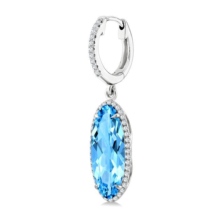 16X6 MM Evoque Gemstones Oval Shape Blue Topaz and 3/8 Ctw Round Cut Diamond Semi-Precious Earrings in 14K White Gold