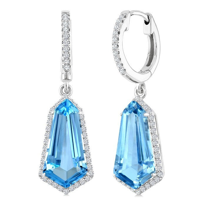 14X7 MM Evoque Gemstones Shield Shape Blue Topaz and 3/8 Ctw Round Cut Diamond Semi-Precious Earrings in 14K White Gold