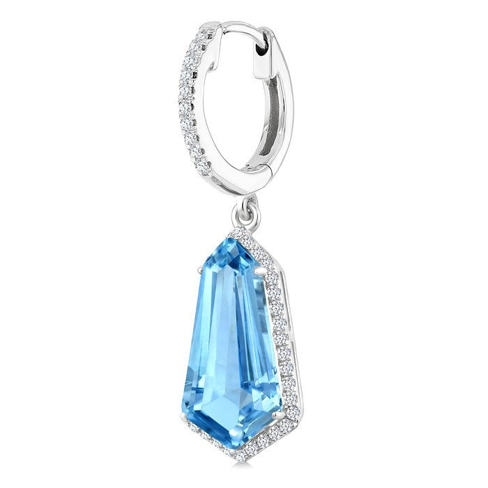 14X7 MM Evoque Gemstones Shield Shape Blue Topaz and 3/8 Ctw Round Cut Diamond Semi-Precious Earrings in 14K White Gold