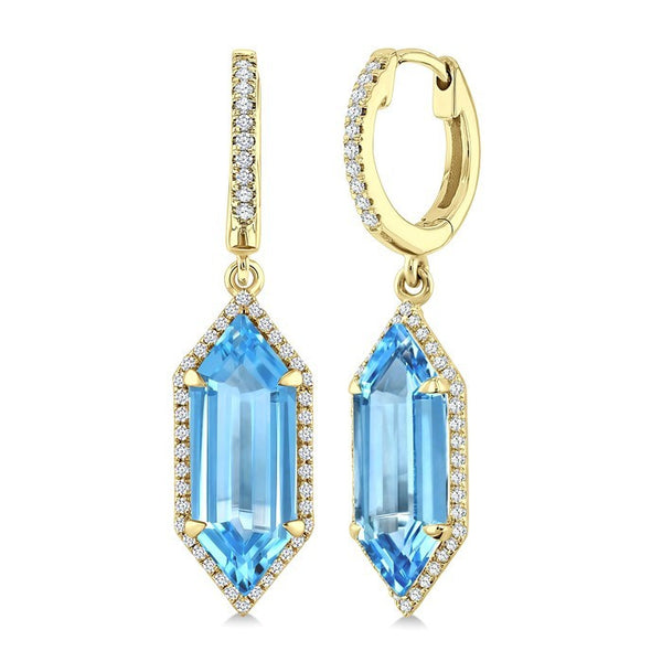 16X6 MM Evoque Gemstones Hexagon Shape Blue Topaz and 3/8 Ctw Round Cut Diamond Semi-Precious Earrings in 14K Yellow Gold