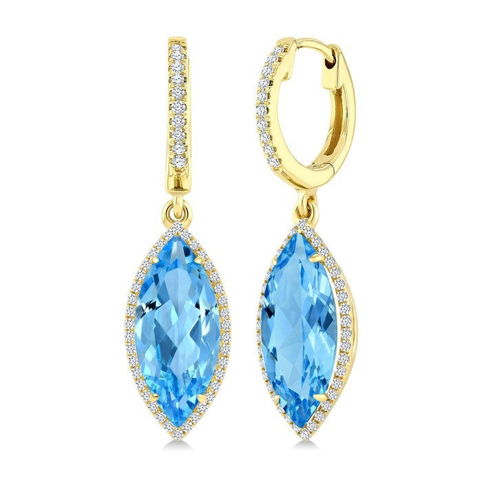 16X7 MM Evoque Gemstones Marquise Shape Blue Topaz and 3/8 Ctw Round Cut Diamond Semi-Precious Earrings in 14K Yellow Gold