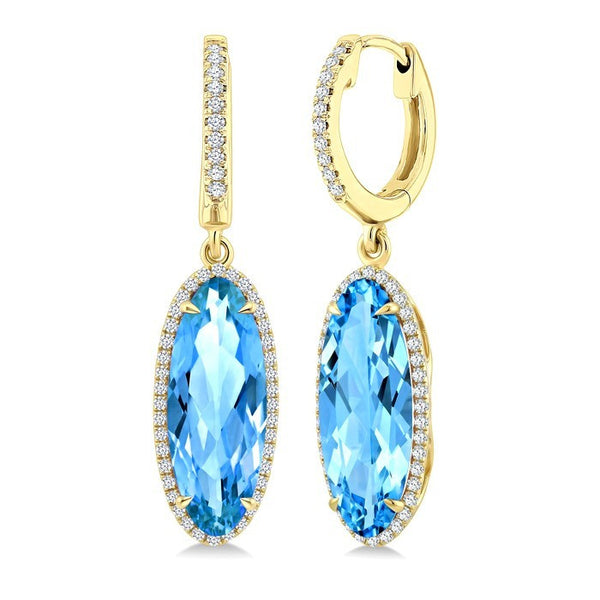 16X6 MM Evoque Gemstones Oval Shape Blue Topaz and 3/8 Ctw Round Cut Diamond Semi-Precious Earrings in 14K Yellow Gold