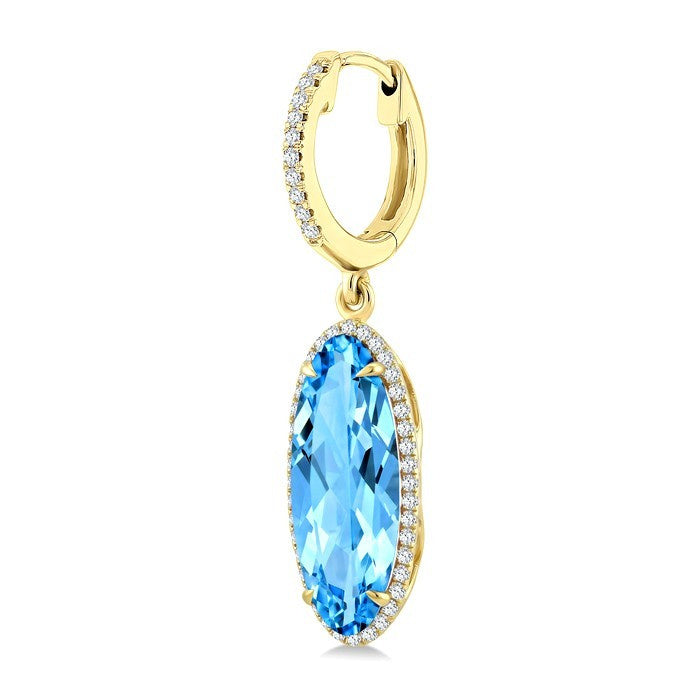 16X6 MM Evoque Gemstones Oval Shape Blue Topaz and 3/8 Ctw Round Cut Diamond Semi-Precious Earrings in 14K Yellow Gold