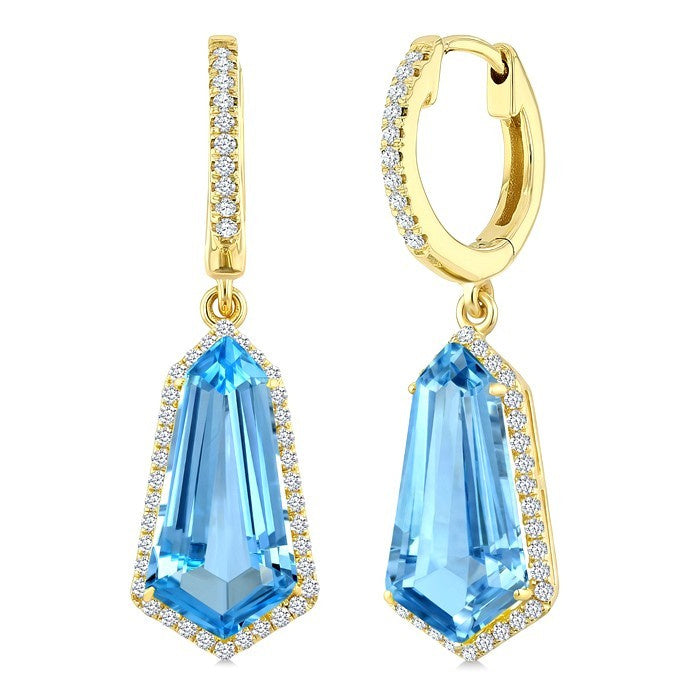 14X7 MM Evoque Gemstones Shield Shape Blue Topaz and 3/8 Ctw Round Cut Diamond Semi-Precious Earrings in 14K Yellow Gold