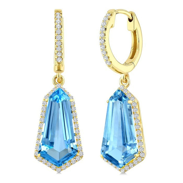 14X7 MM Evoque Gemstones Shield Shape Blue Topaz and 3/8 Ctw Round Cut Diamond Semi-Precious Earrings in 14K Yellow Gold