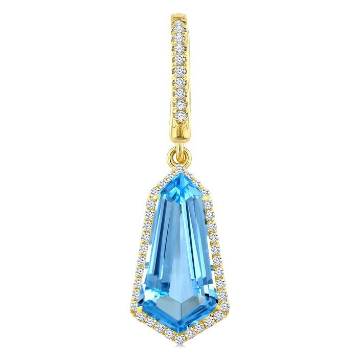 14X7 MM Evoque Gemstones Shield Shape Blue Topaz and 3/8 Ctw Round Cut Diamond Semi-Precious Earrings in 14K Yellow Gold