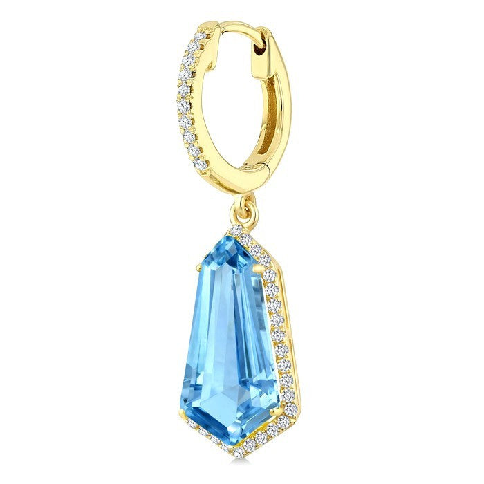14X7 MM Evoque Gemstones Shield Shape Blue Topaz and 3/8 Ctw Round Cut Diamond Semi-Precious Earrings in 14K Yellow Gold