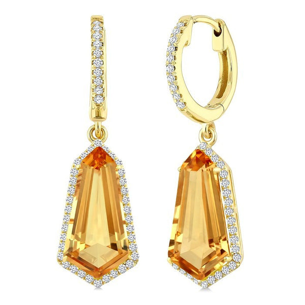 14X7 MM Evoque Gemstones Shield Shape Citrine and 3/8 Ctw Round Cut Diamond Semi-Precious Earrings in 14K Yellow Gold