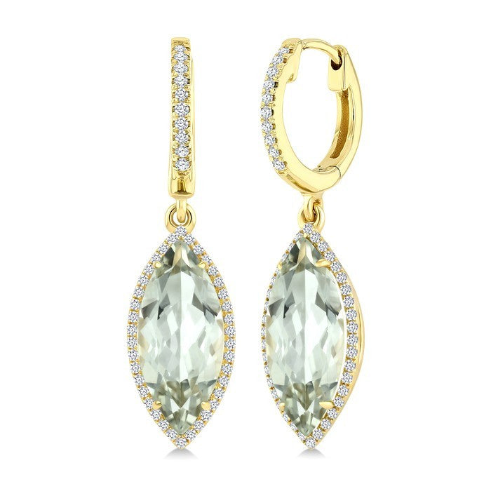 16X7 MM Evoque Gemstones Marquise Shape Green Amethyst and 3/8 Ctw Round Cut Diamond Semi-Precious Earrings in 14K Yellow Gold