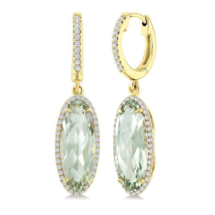 16X6 MM Evoque Gemstones Oval Shape Green Amethyst and 3/8 Ctw Round Cut Diamond Semi-Precious Earrings in 14K Yellow Gold