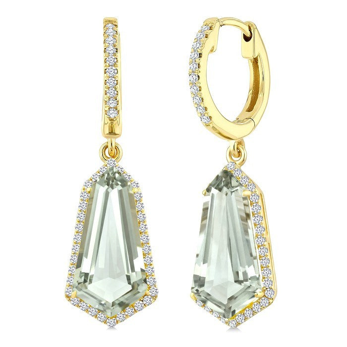 14X7 MM Evoque Gemstones Shield Shape Green Amethyst and 3/8 Ctw Round Cut Diamond Semi-Precious Earrings in 14K Yellow Gold