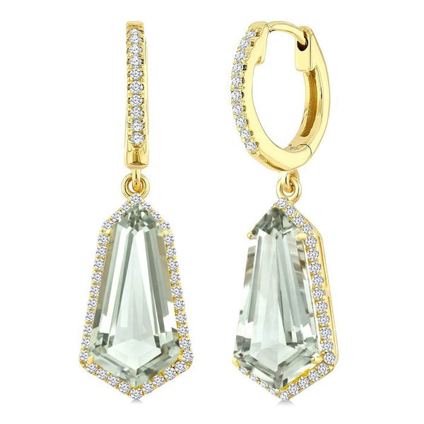 14X7 MM Evoque Gemstones Shield Shape Green Amethyst and 3/8 Ctw Round Cut Diamond Semi-Precious Earrings in 14K Yellow Gold