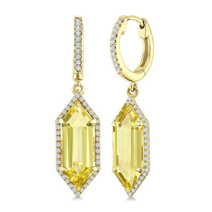 16X6 MM Evoque Gemstones Hexagon Shape Lemon Quartz and 3/8 Ctw Round Cut Diamond Semi-Precious Earrings in 14K Yellow Gold